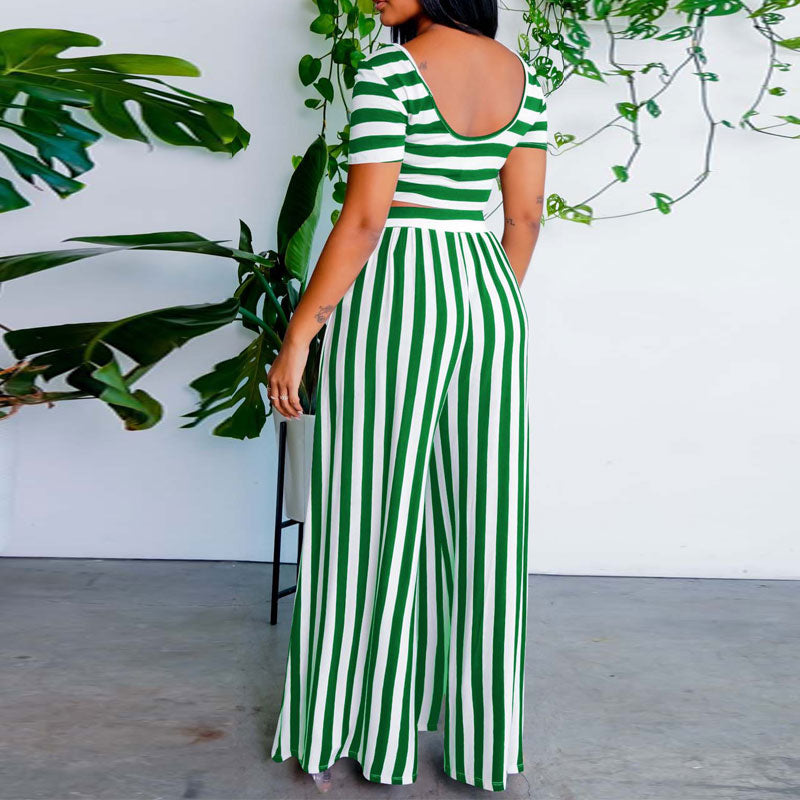 Striped Short Sleeve Crop Top & Wide Leg Pants Set