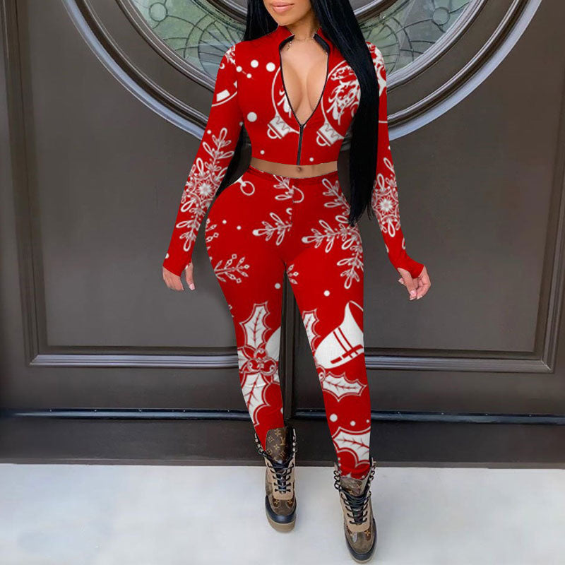 Christmas Pattern Long Sleeve Crop Top & Pants Set