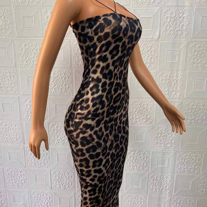 Leopard Pattern Deep V-Neck Sleeveless Dress