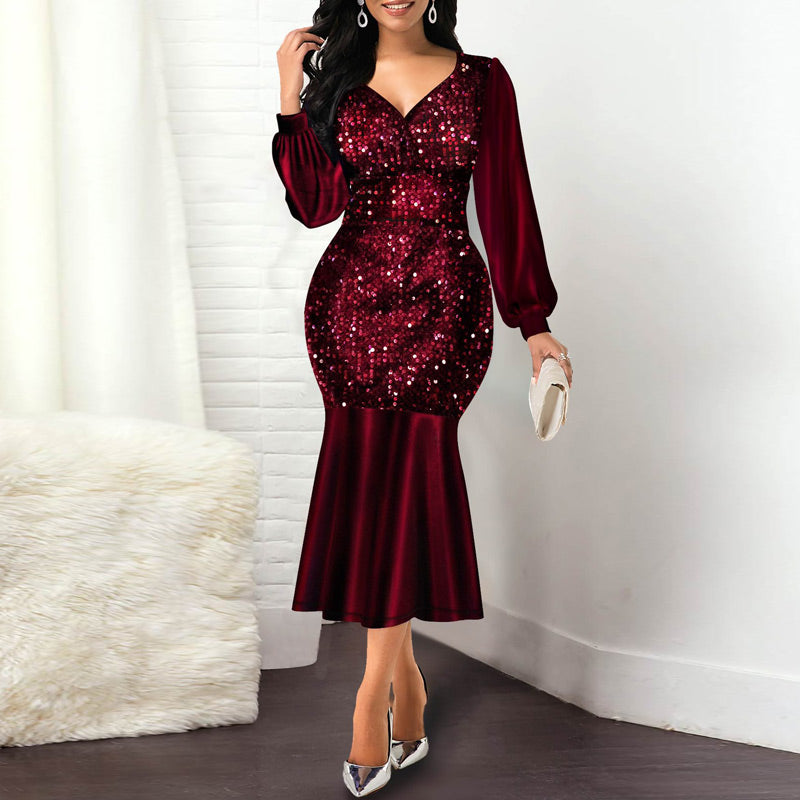 Sequins V-Neck Ruffled Hem Long Sleeve Dress