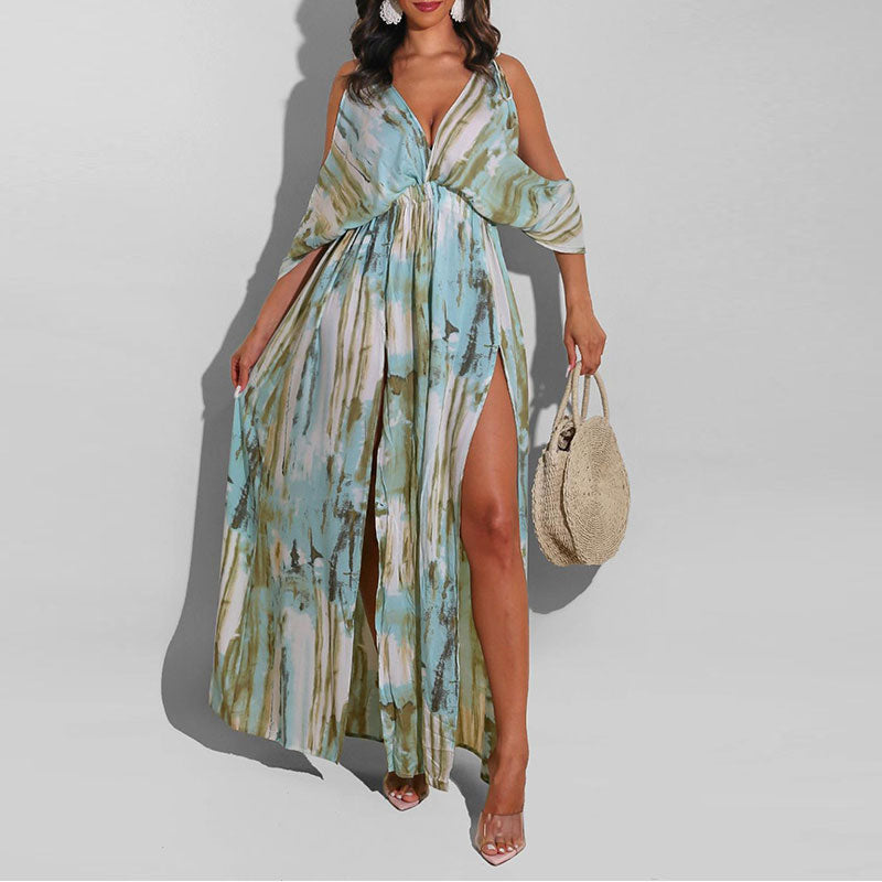 Print Cold Shoulder High Slit Maxi Dress