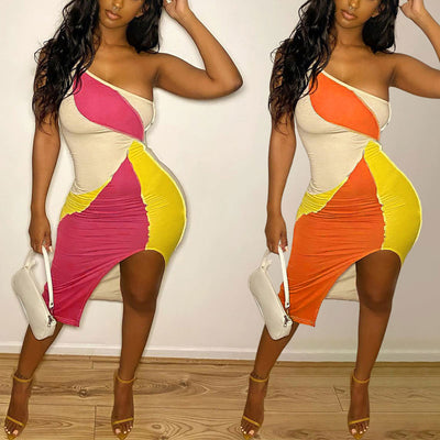 Colorblock Sleeveless One Shoulder Slit Bodycon Dress