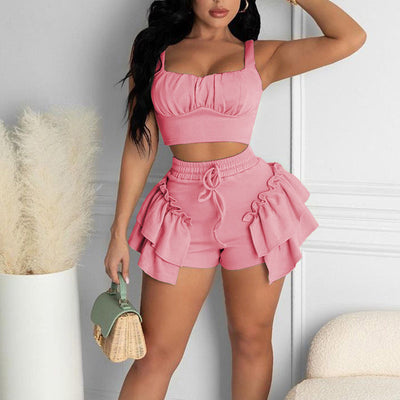 Solid Sleeveless Ruffle Design Two Piece Shorts Set