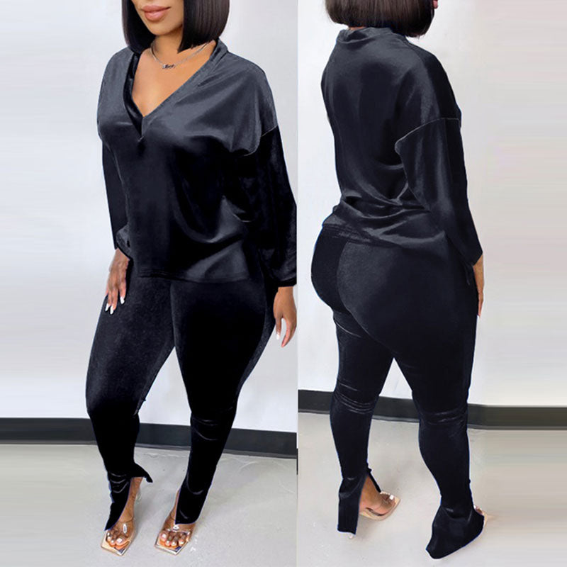 Solid V-Neck Long Sleeve Top & Slit Pants Set