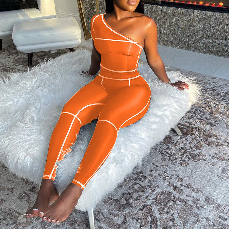 Colorblock One Shoulder Elastic Two Piece Set