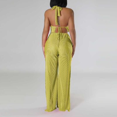 Solid Halter Backless Top & High Slit Pants Set