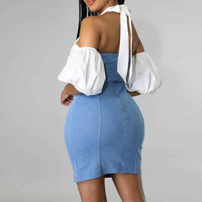 Colorblock Halter Puff Sleeve Bodycon Dress