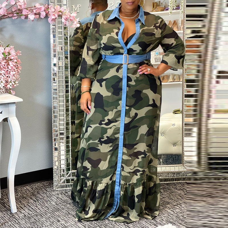 Camouflage Print Long Sleeve Plus Size Shirt Dress