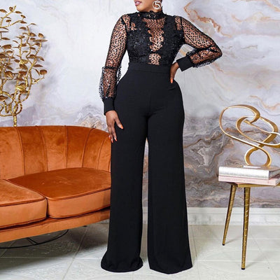 Rhinestone Long Sleeve Lace Top & Wide Leg Pants Set