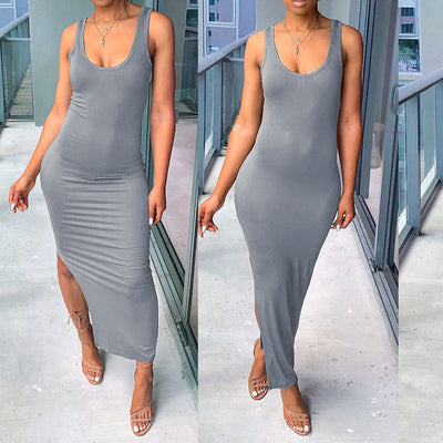 Solid Long Sleeve Top & High Slit Dress Set