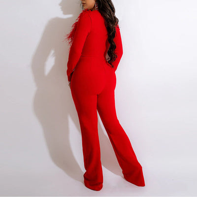 Rhinestone Deep V-Neck Feather Design Jumpsuit