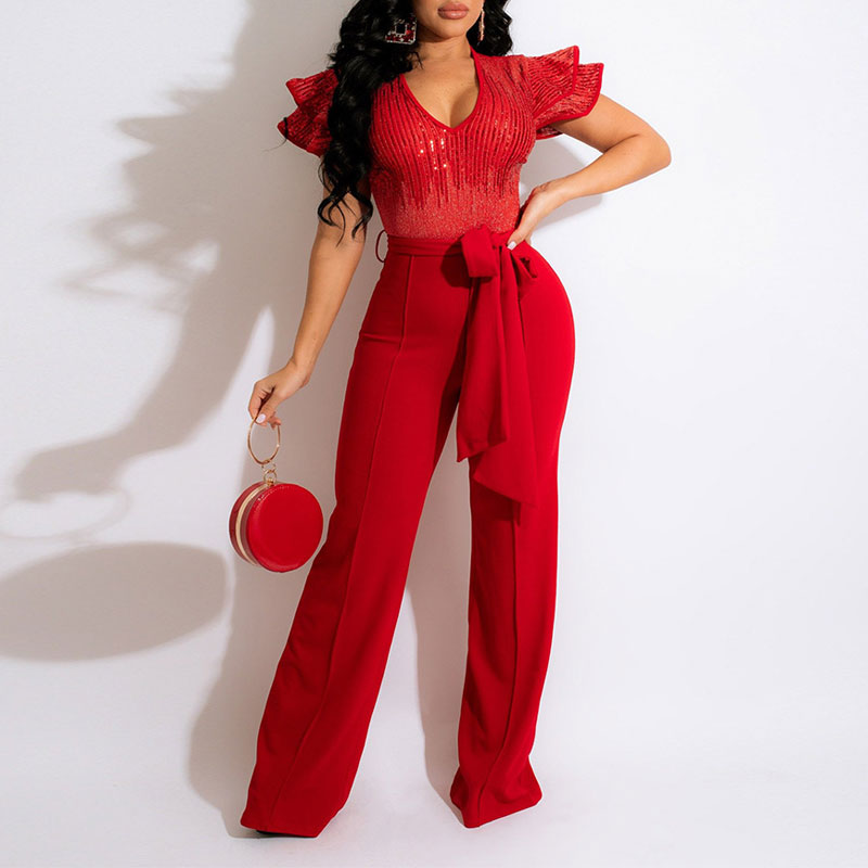 Sequins Sleeveless Ruffle Design Belted Jumpsuit