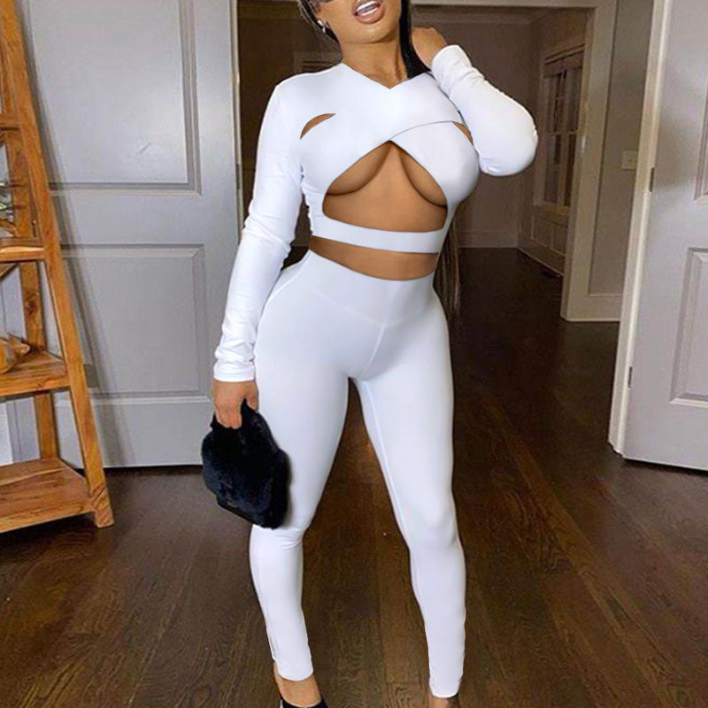 Solid Long Sleeve Cut Out Crop Top & Pants Set