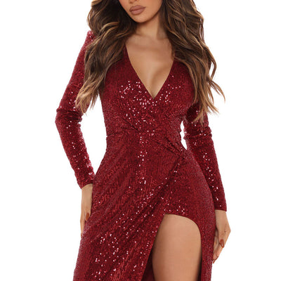 Sequins Deep V-Neck Long Sleeve High Slit Maxi Evening Dress