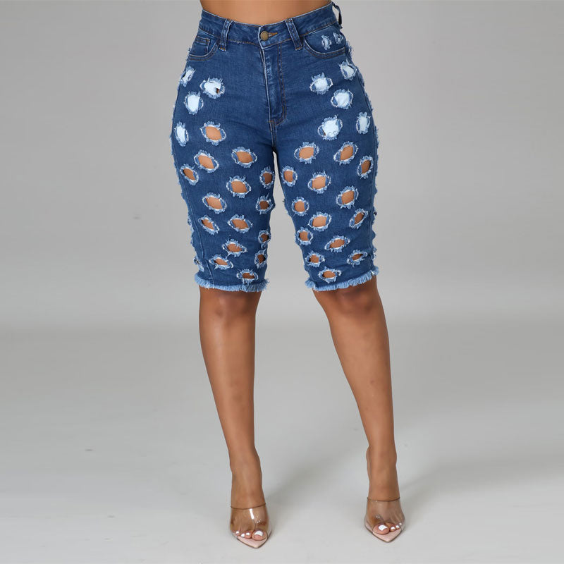 Solid Cut Out Pocket Design Denim Shorts