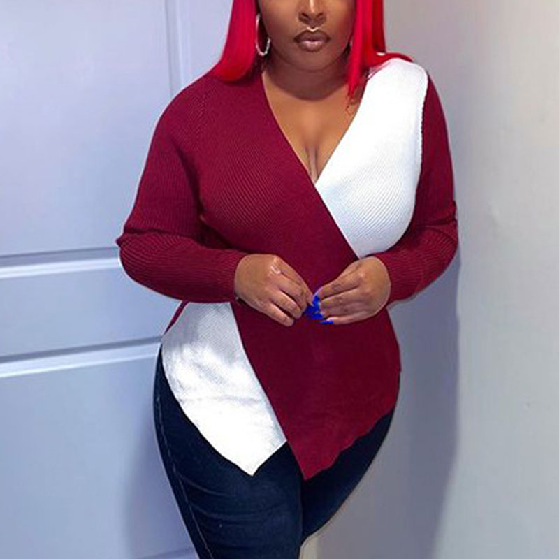 Colorblock V-Neck Long Sleeve Ribbed Top