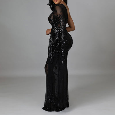 Sequins One Shoulder Long Sleeve Maxi Dress