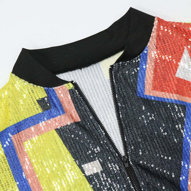 Colorblock Sequins Long Sleeve Zipper Design Jacket