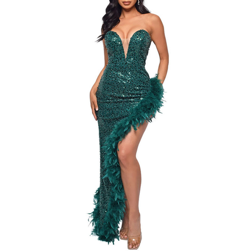 Sequins Off Shoulder Feather Design High Slit Maxi Dress