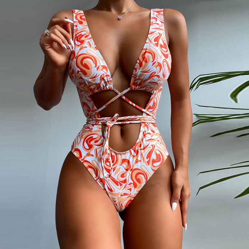 Print Sleeveless Cut Out Bandage One Piece Swimsuit