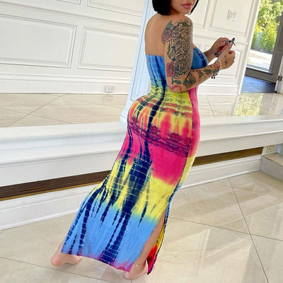 Tie Dye Print Off Shoulder Slit Maxi Dress