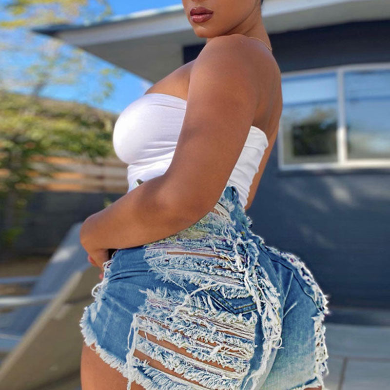 Solid High Waist Cut Out Denim Shorts