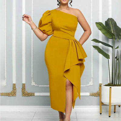 Solid One Shoulder Puff Sleeve Ruffle Design High Slit Midi Dress