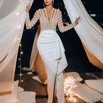 Sequins Long Sleeve Sheer Mesh Ruffle Design Floor-Length Dress