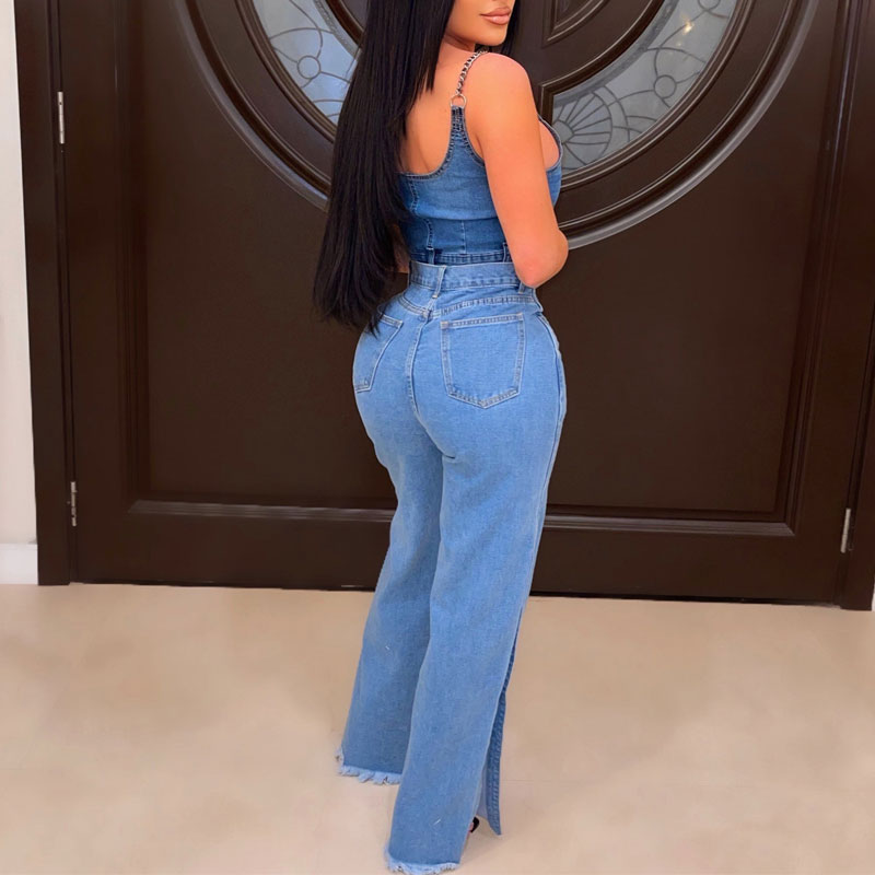 Solid High Waist Irregular Buttoned Slit Denim Pants