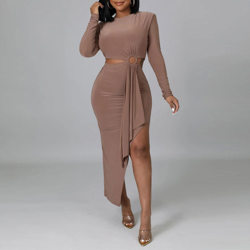 Solid Long Sleeve Cut Out Irregular Dress