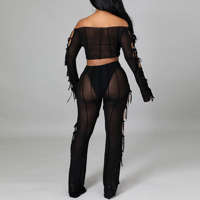 Sheer Mesh Off Shoulder Crop Top & Cut Out Pants Set