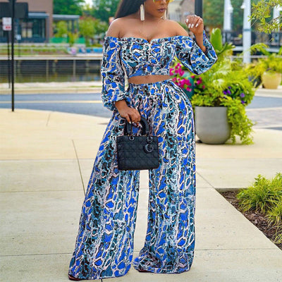 Print Off Shoulder Crop Top & Wide Leg Pants Set