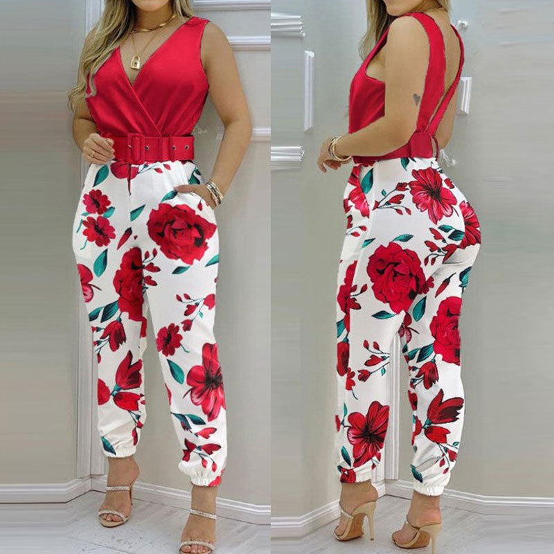 Floral Print Sleeveless Belted Jumpsuit