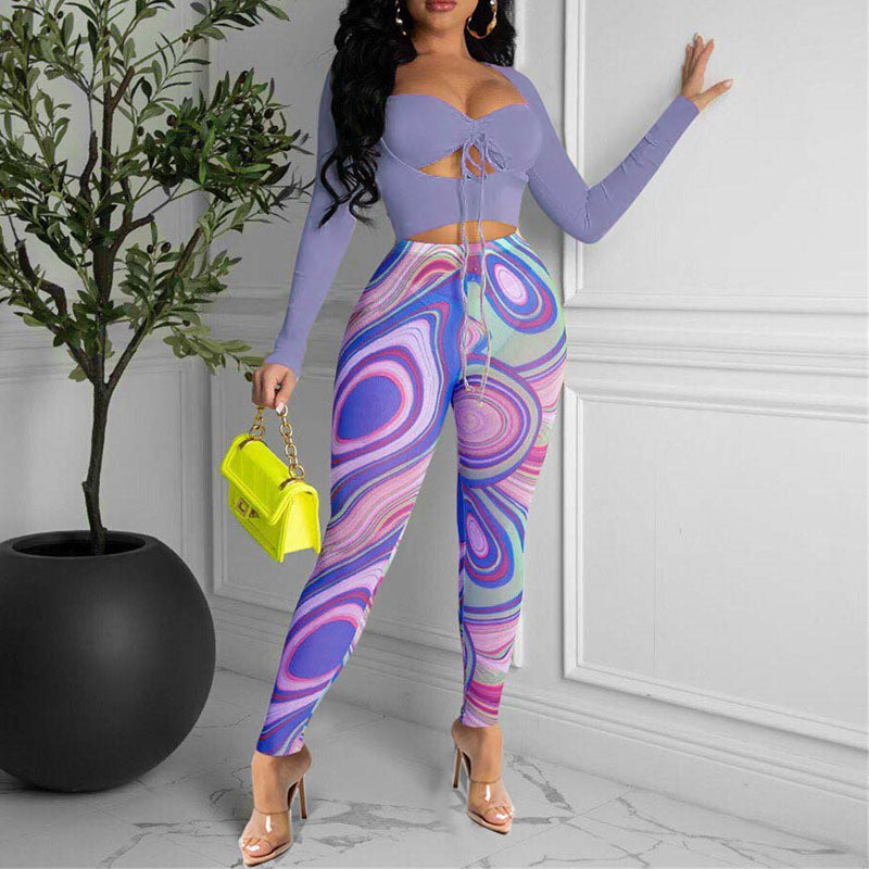 Solid Long Sleeve Cut Out Top & Print Pants Set