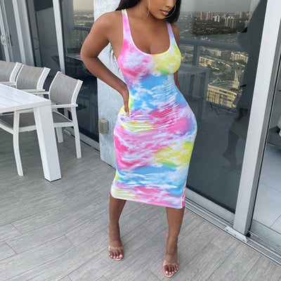 Tie Dye Print U Neck Sleeveless Bodycon Dress