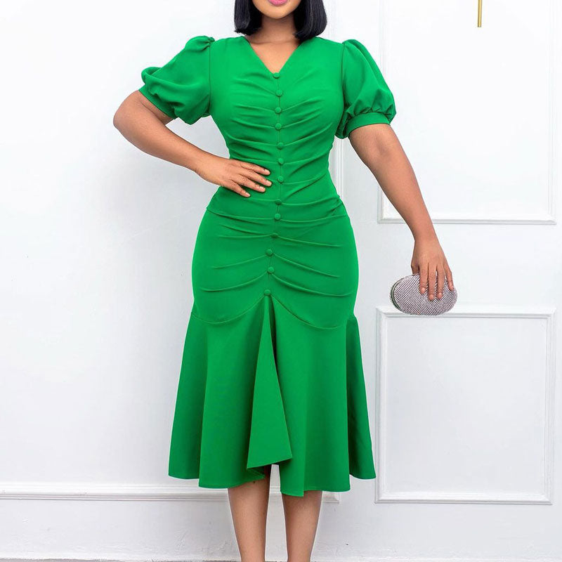 Solid Puff Sleeve Button Detailed Fishtail Midi Dress