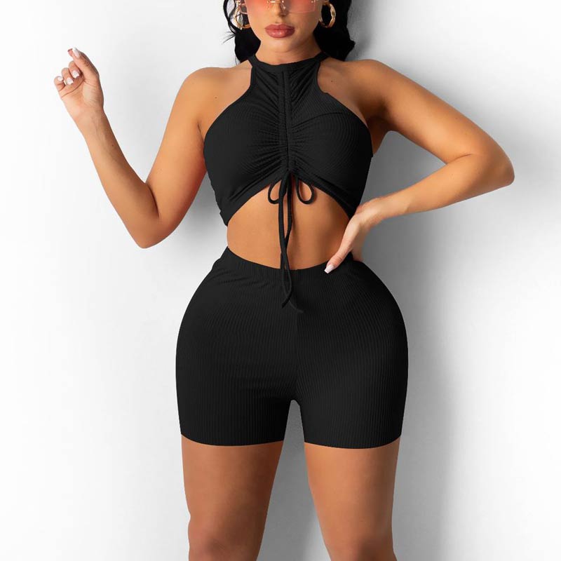 Solid  Sleeveless Drawstring Shorts Set