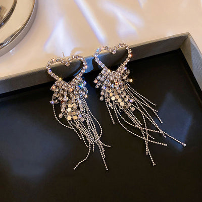 Rhinestone Heart Pattern Tassel Design Earrings