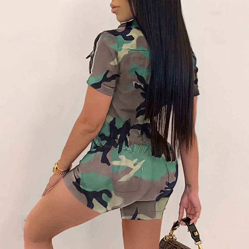 Camouflage Pattern Turndown Neck Button Detailed Romper