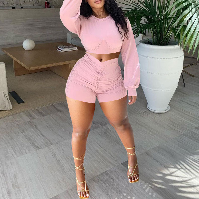 Solid Long Sleeve Crop Top & Shorts Set