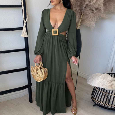 Solid Deep V-Neck Long Sleeve High Slit Maxi Dress