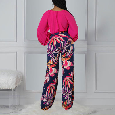 Solid Deep V-Neck Lantern Sleeve Top & Print Pants Set