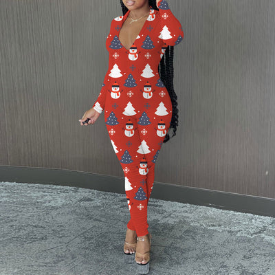 Christmas Print Long Sleeve Zipper Design Jumpsuit