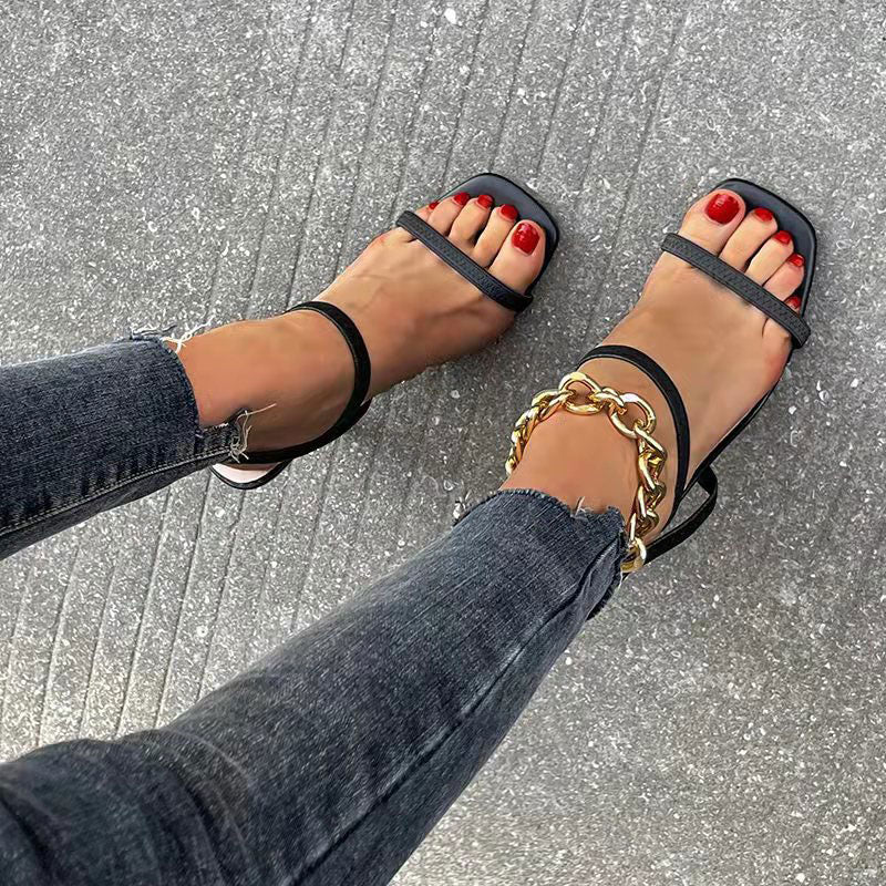 Square Toe Ankle Strap Chunky Heeled Sandals