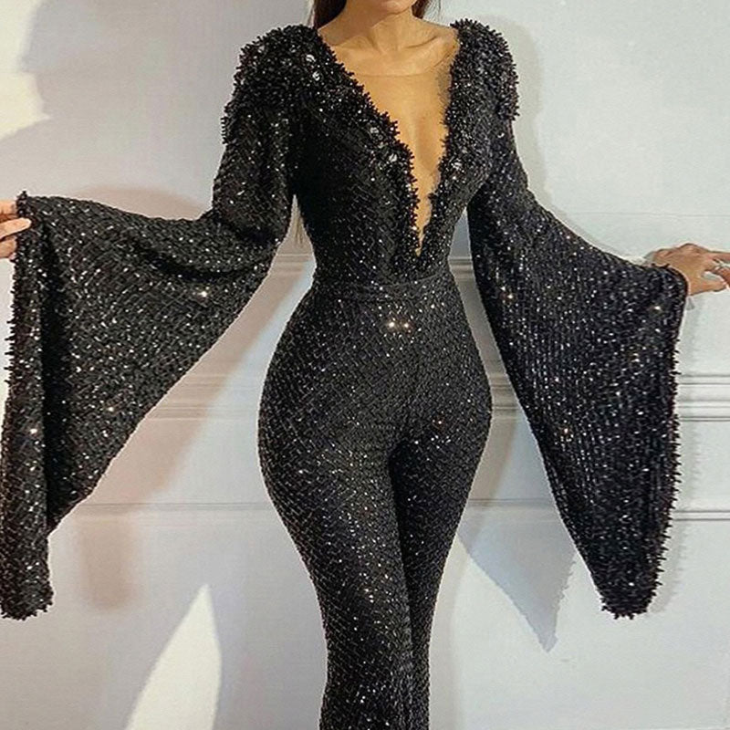 Sequins V-Neck Batwing Sleeve Sheer Mesh Patchwork Jumpsuit