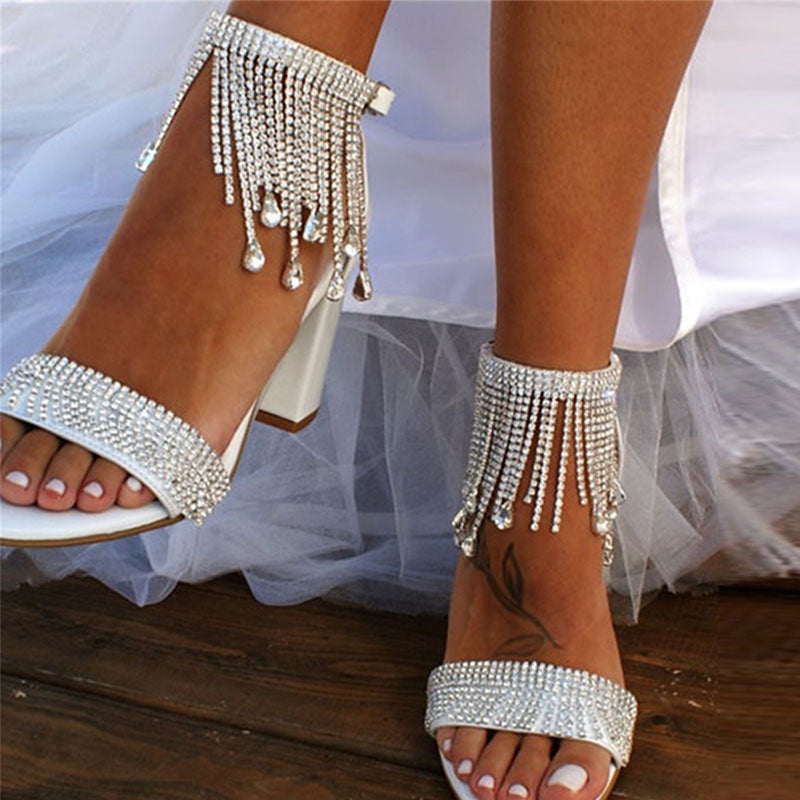 Rhinestone Ankle Strap Tassel Design Chunky Heeled Sandals