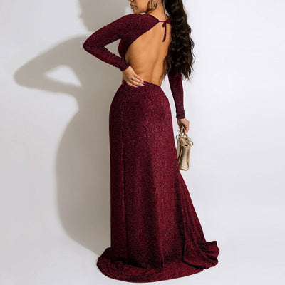 Glitter Long Sleeve Cut Out High Slit Maxi Dress