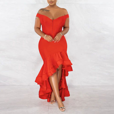 Solid Off Shoulder Ruffle Design Mermaid Maxi Dress