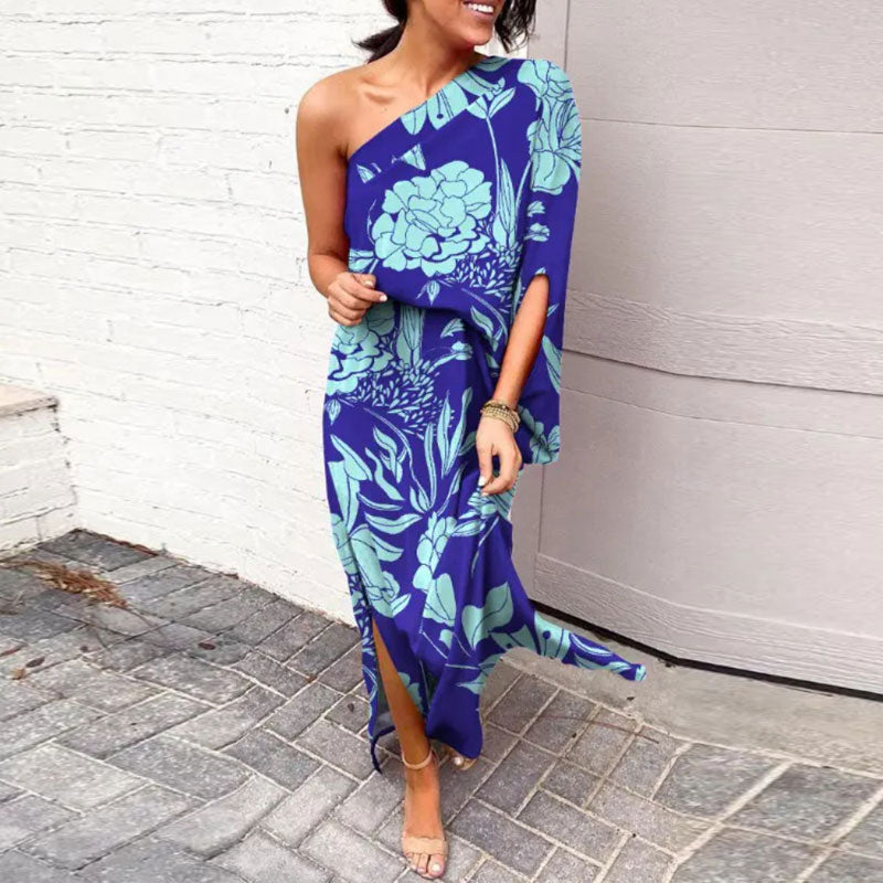 Feather Print One Shoulder Slit Loose Dress