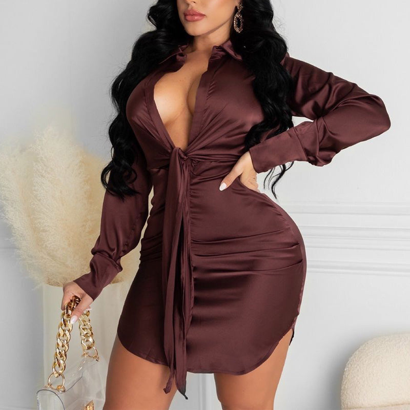 Solid Deep V-Neck Button Detailed Bandage Shirt Dress